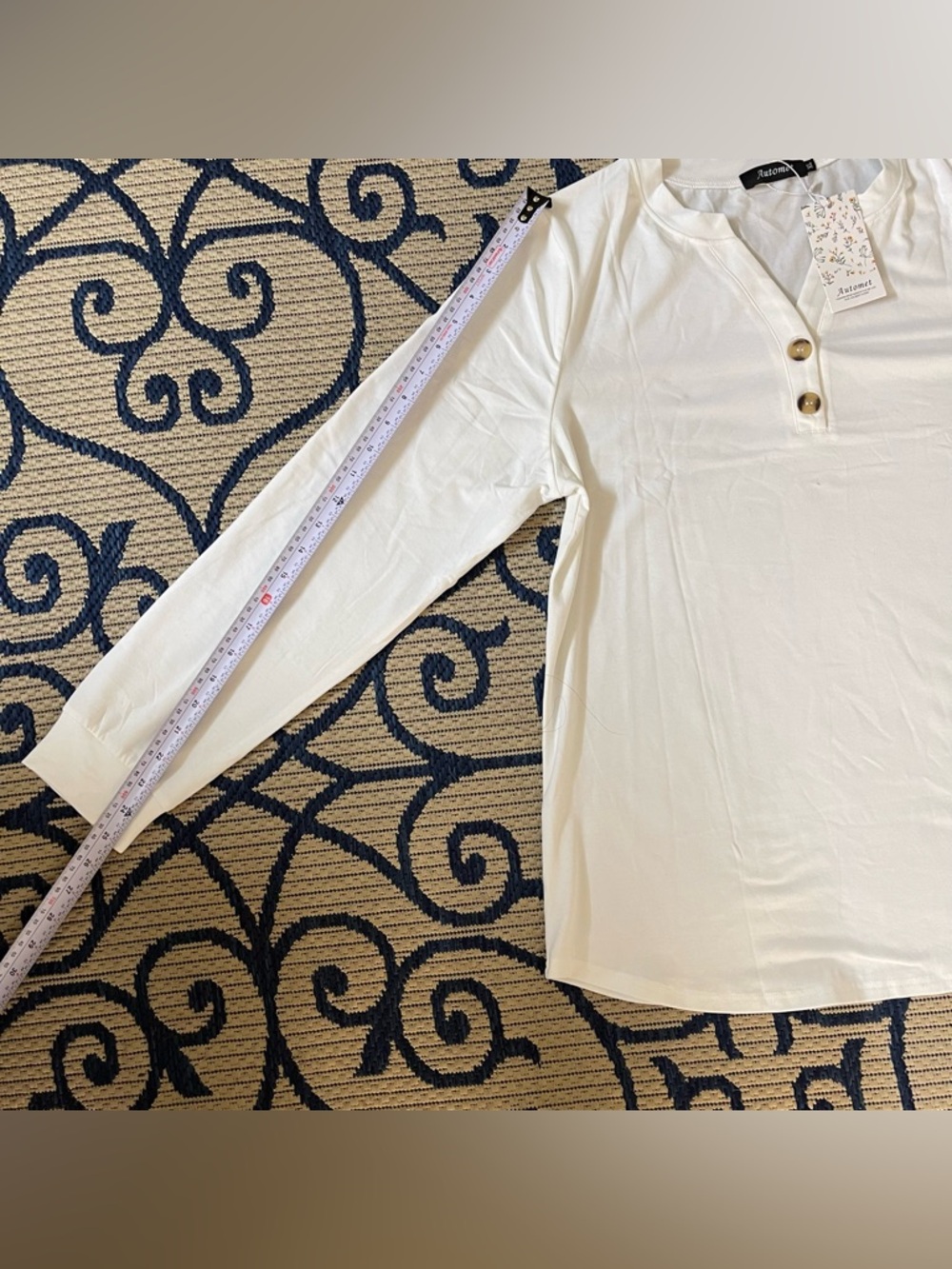 Women's Cream Long Sleeve Notch-Neck Henley with Button Placket - Picture 8 of 12